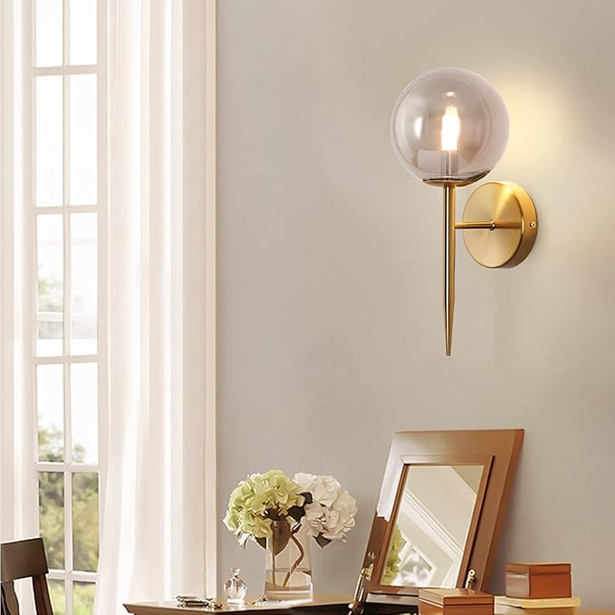 SeeU Gold Wall Sconces Mid Century Style Set of 2,Brass Wall Lamp Fixture,Vanity Light Fixture Wall Lamp with Grey Globe