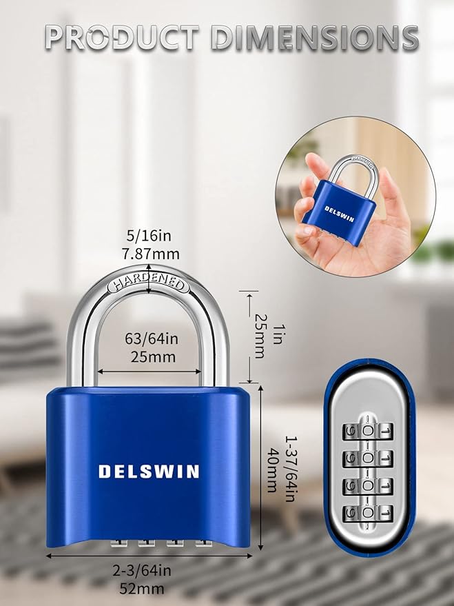 DELSWIN 4-Digit Combination Lock Outdoor Padlock - Heavy Duty Locker Lock with Hardened Steel Shackle, Waterproof Combo Lock for Gym Locker, Hasp Storage, Shed, Fence, Gate (Blue,1Pcs)