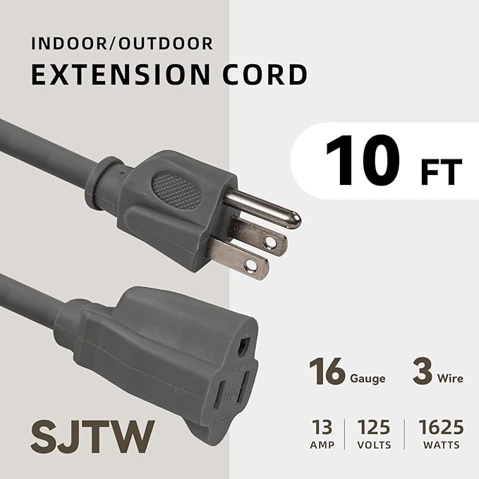 10ft Outdoor Extension Cord for Christmas Decorations - 16/3 Heavy Duty SJTW Waterproof Gray Electrical Cable with 3 Prong Grounded Plug for Safety, Great for Lawn and Major Appliances