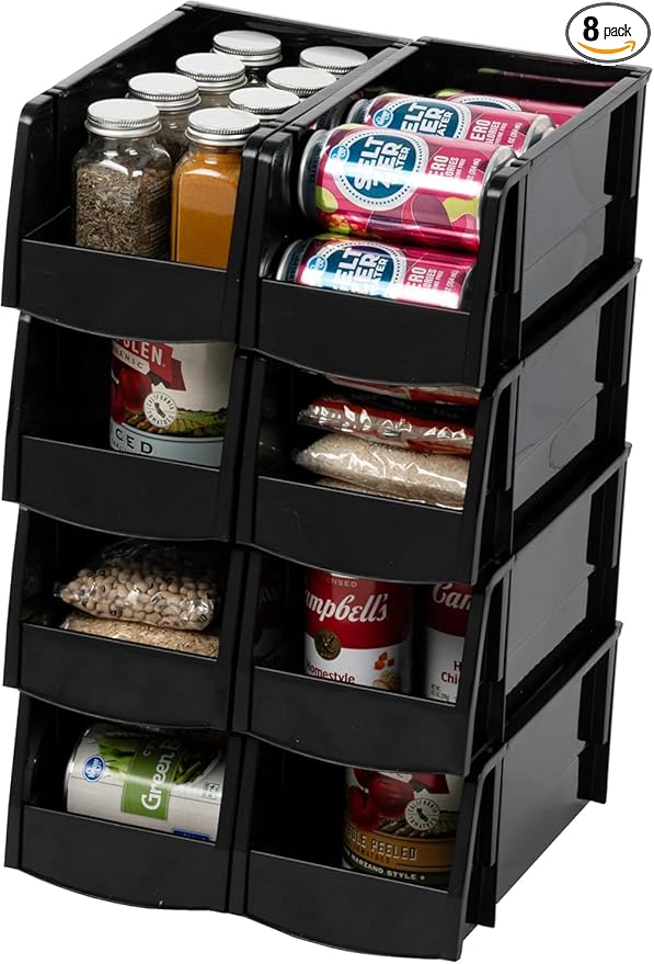 IRIS USA Medium Stackable Storage Bins, 8-Pack, 11"L x 6"W x 5"H, |Made in USA|, Plastic Open Front Shelf Bin for Organizing Parts, Hardware, Tools, Supplies, Garage Shelf, Pantry - Black