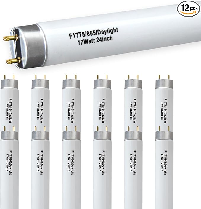 12 Pack 17W 24in T8 Bright White Fluorescent Tube, F17T8/865 6500K Daylight,2 Foot T8 Linear Fluorescent Lamp,Medium Bi-Pin (G13) Base,1350 Lumens