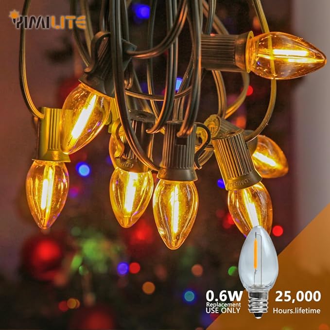 C7 Christmas Led Light Bulb, C7 Replacement Night Light Bulb, 0.6W Equivalent 7W Incandescent Bulb, Warm White 2200K, E12 Standard Base, Clear Plastic, 25Pack