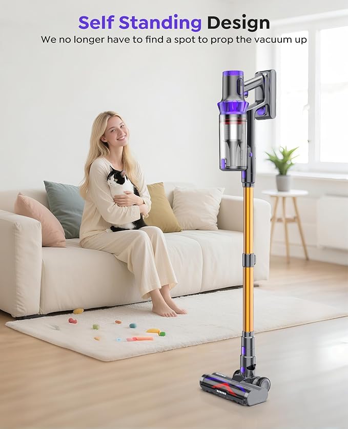 Cordless Vacuum Cleaner, 600W 50KPA 70Min Powerful Vacuum Cleaners for Home, Self-Standing Stick Vacuum with Charging Dock Station Removable Battery/OLED Screen for Home Pet Hair/Carpet/Hardwood Floor