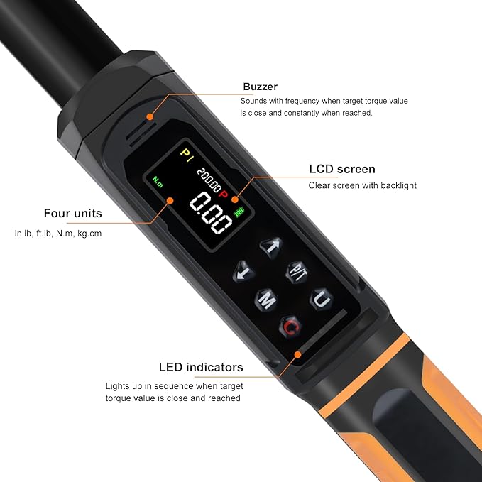 Digital Torque Wrench 1/2 Drive, 2.2-147.5 Ft.lb, 1/2 Digital Torque Wrench ±1% Accuracy with Vibration, Buzzer and LED Alert, Suitable for Car, Motorcycle and Bicycle