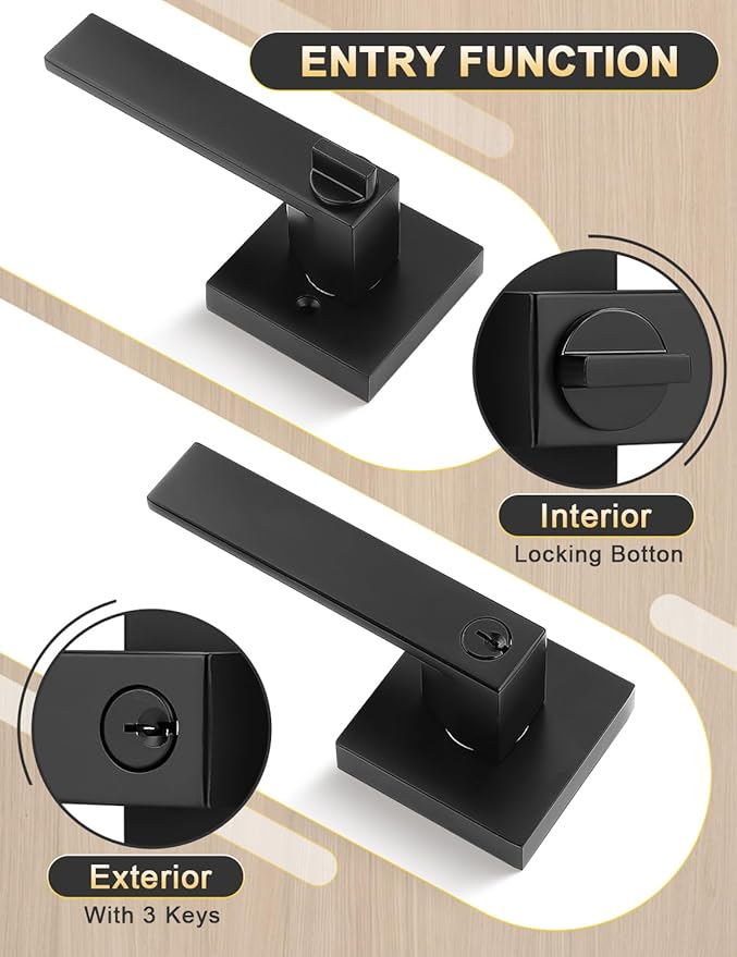 3 Pack Entry Door Levers with Lock and Key, Matte Black Keyed Alike Lockset Combo Pack, Entrance Door Handles for Office and Front Door, Door Knobs Lockset (Each with 3 Keys)