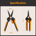 PrunePro Pruning Shears Gardening Scissors Set Professional Hand Pruner Sharp Stainless Steel Blade Teflon Coating Garden Scissors Plant Flower Garden Clipper Orange