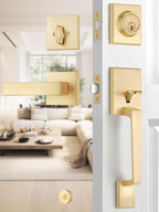 1 Set Entry Door Handle and Single Cylinder Deadbolt Lock and Key, Brass Front Door Lock - Heavy Duty Square Locking Lever Set - Exterior Door Handle in Satin Brass Finish