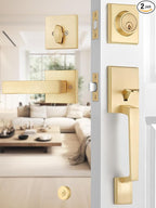 2 Sets Entry Door Handle and Single Cylinder Deadbolt Lock and Key Combo Pack - Heavy Duty Square Locking Lever Set - Interior/Exterior Door Levers in Satin Brass Finish