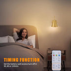 Vintage Cordless Gooseneck Battery Operated Wall Sconces Set of 2, Gold Bedside Battery Powered Wall Decor Lamps with Remote Control, Wireless Indoor LED Lights Fixture for Bedroom Hallway