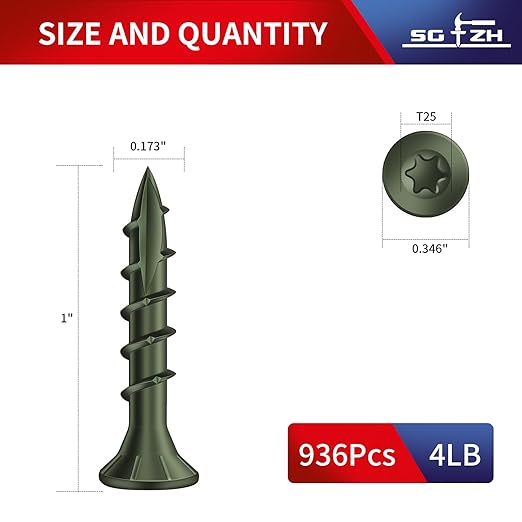 #8 x 1 Inch Deck Screws (936Pcs) 4lb. Exterior Wood Screws. Carbon Steel, Green, Flat Head, Rust Resistant epoxy Coated, with T25 Star Bit
