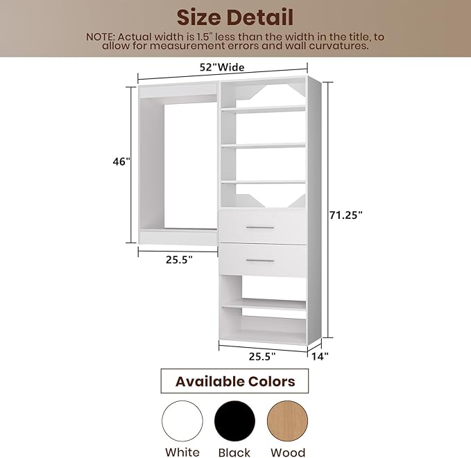 ROOMTEC Modular Closet System, 52" Wall Mounted Closet Organizer with Hanging Rods and Drawers, Wooden Tower for Walk-In Closets, Wardrobe Storage Kit, White