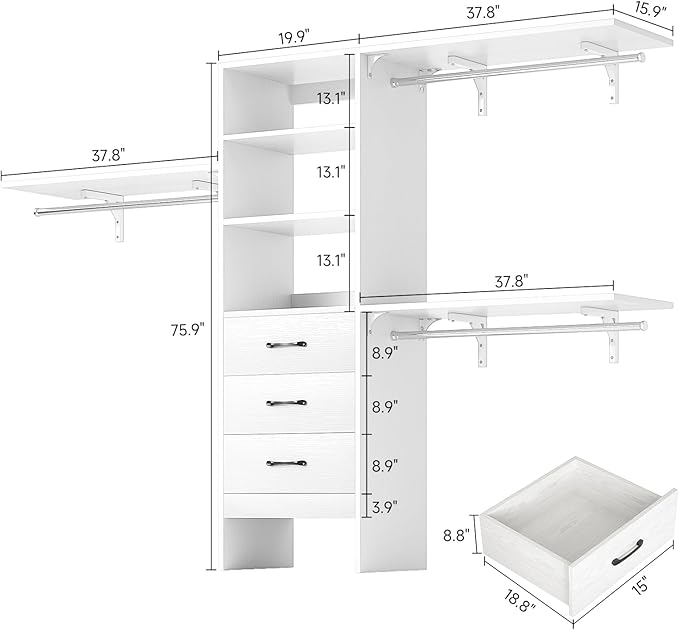 8FT Closet System, 96'' Closet Organizer System with 3 Hanging Rods, Wall Mount Bedroom Wardrobe with 3 Drawers Walk-in Closet, Adjustable Cloth Garment Rack from 5 to 8FT (Cut to Fit), White&Grey Oak