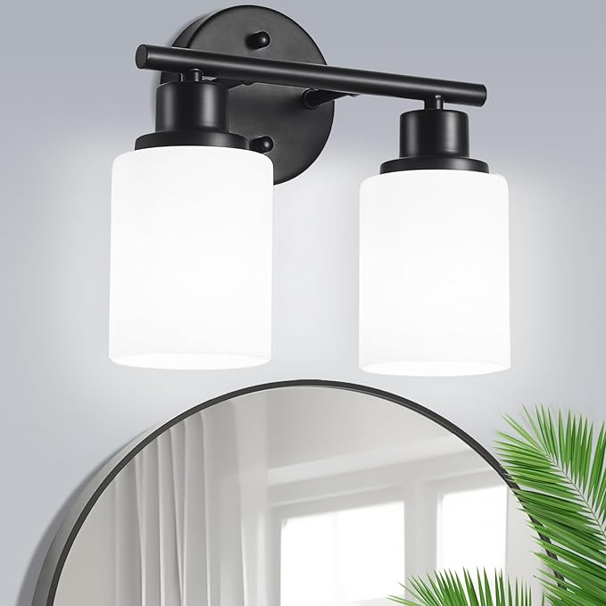 2-Light Vanity Lights, Black Bathroom Light Fixture with Striped Textured Milky White Glass Shade, Modern Vanity Lighting Fixture for Bathroom Wall Light Over Mirror, E26 Wall Sconce