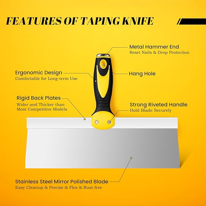 Mister Rui 12" Stainless Steel Taping Knife, Drywall Knife with Soft Grip Handle, Spackle Knife, Plastering Tool, Corrosion-Resistant Tools for Drywall Joint Taping