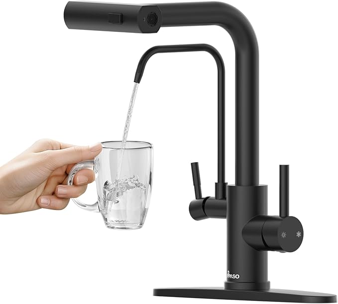APPASO Kitchen Faucet with Water Filter, 2 Handle Waterfall 3 in 1 Kitchen Faucet, Black Kitchen Sink Faucet, 3 Hole Kitchen Faucets with Pull Down Sprayer (Without Water Filtration Device)