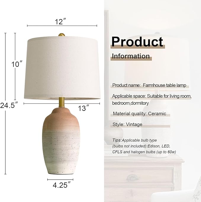 24.5" Vintage Ceramic Table Lamp - Single Farmhouse Rustic Bedside Lamp with Natural Textured Finish, Nightstand Lamps for Living Room, Bedroom, End Table, Office White and Brown