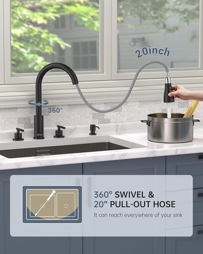 APPASO 2 Handle Kitchen Faucet, 4 Hole Black Kitchen Sink Faucet with Soap Dispenser, Modern High Arc 3 Hole Faucet for Kitchen Sink