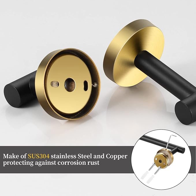 5 Pieces Bathroom Hardware Set Black Gold, Towel Rack Including 2pcs 16 inch Tower Bar, Towel Ring and 2 PCS Towel Hooks