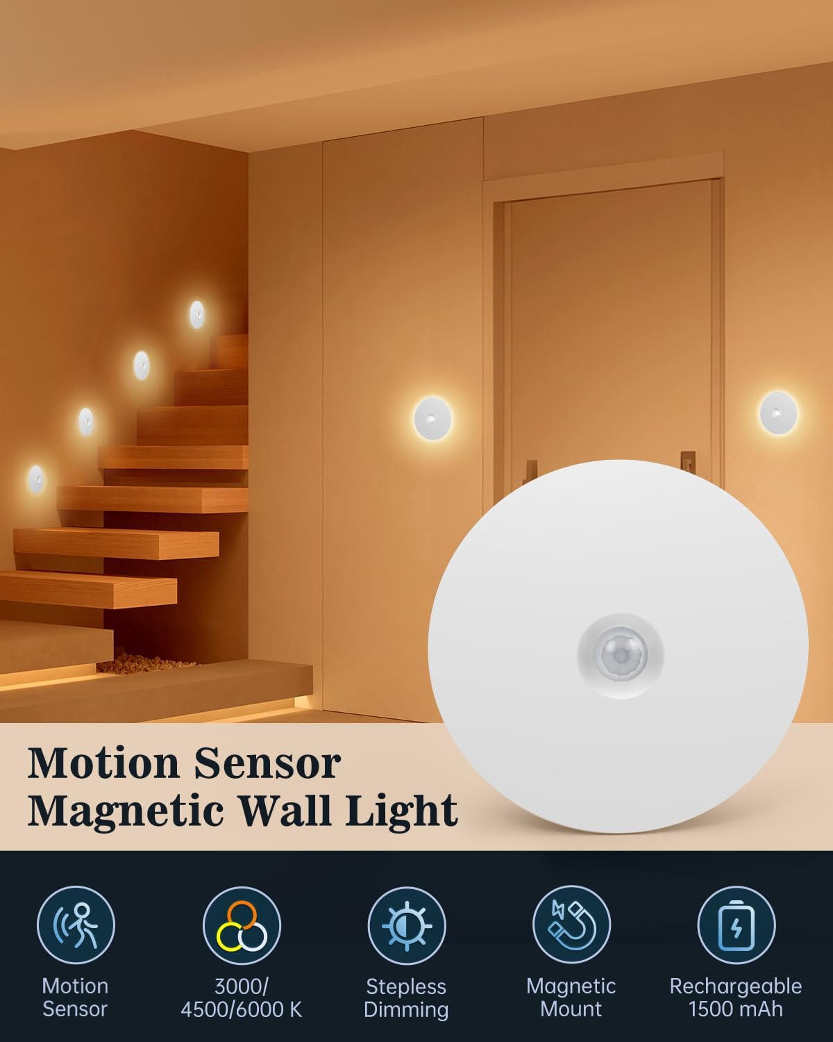 Yiliaw Motion Sensor Night Light, Rechargeable Stair Lights Indoor, Warm White with Wireless Magnetic Mount, Adjustable Brightness & 3 Color Temps for Hallway, Stairway, Bathroom, Closet (2 Pack)
