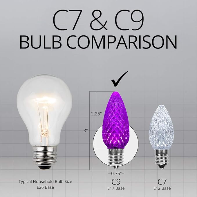 Wintergreen Lighting OptiCore C9 LED Christmas Light Bulbs - Replacement LED Christmas Lights Heavy Duty Premium Outdoor Christmas Lights, E17 Base (Box of 25) (Purple Faceted)