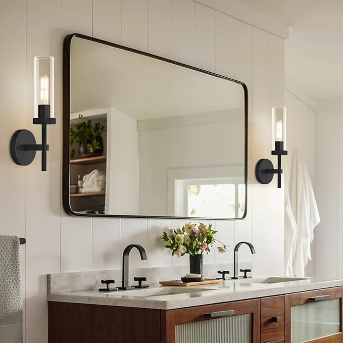 Knurled Wall Sconces, Black Wall Sconce Lights, 14" Black Bathroom Wall Sconces, Glass Linear Sconce Wall Lighting, Vanity Lights Bathroom Light Fixture Wall Lights for Living Room