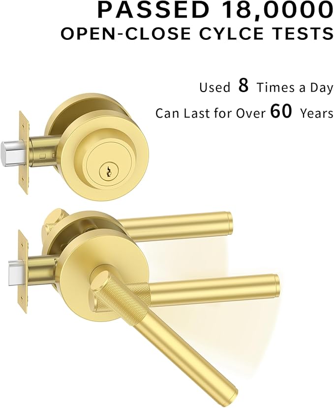 Asidrama Premium Brushed Gold Zinc-Alloy Front Door Lock Set: Double Cylinder Deadbolt, Heavy Duty Security Handleset for Left/Right Exterior Doors, Universal Entry Locks (2 Pack)