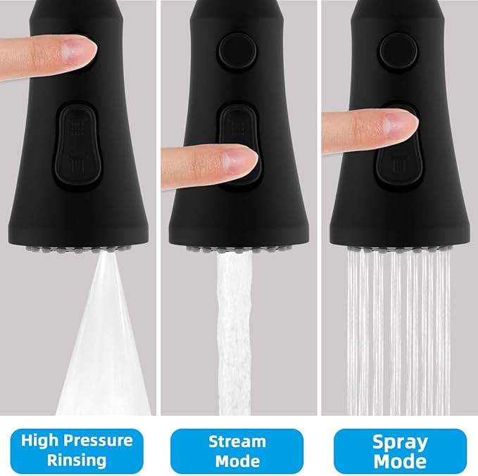 Hibbent Pull Down Kitchen Faucet Head Replacement, 3-Function NSF/ANSI/CAN 61 & CUPC Certified Sink Spray Nozzle, 15 Adapters, Compatible with Moen, Delta, Kohler Faucets, Matte Black