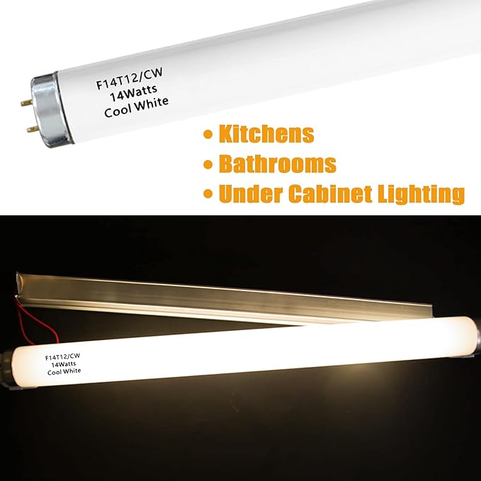 14 Watts F14T12/CW Fluorescent Light Bulb, T12 Liner Fluorescent Tube, 15 Inches Overall Length, T12 14W Cool White Light Color, G13 Bi-Pin Cap, 4 Pack