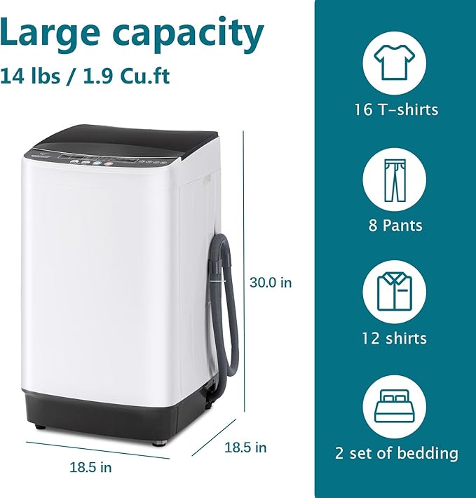 1.9 Cu.Ft Portable Washing Machine, Full-Automatic Electric Laundry Machine with 10 Programs, Compact Clothes Wash and Spin Combo with Stainless Steel Drum, Drain Hose for Apartment, Dorm,Home