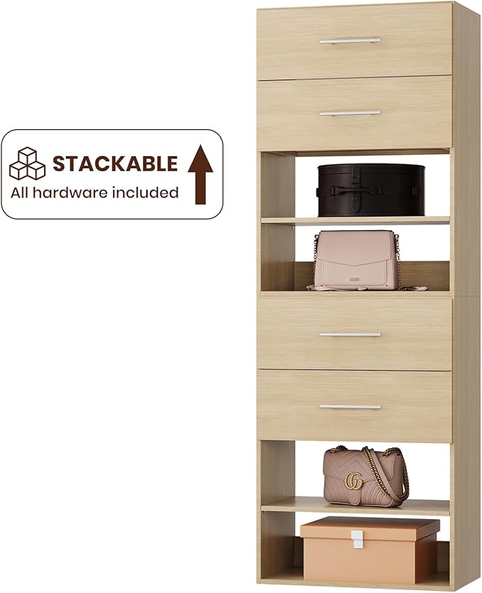 ROOMTEC 19.5" 2 Drawer Short Tower Closet Unit, Modular Closet System with Drawers and Shelf, Wardrobe Organizer for Bedroom or Walk-in Closet, Wall Mounted, Customizable Clothes Storage Unit, Wood