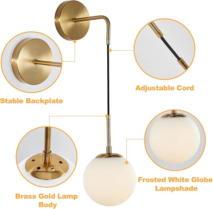 KCO Lighting Frosted White Glass Wall Sconce Set of Two Brass Gold Globe Ball Wall Light Adjustable Cord Industrial Vanity Wall Lamp for Bathroom Mirror Bedside Stairs (White)