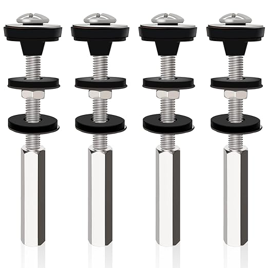 Universal Toilet Tank to Bowl Bolts Kit, Heavy Duty Toilet Bolts, Waterproof Stainless and Rubber Washers Gaskets with Extra Long Nut Screw for Fastening (Silver) (4, Long)