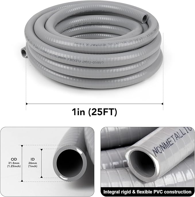 1 inch 25ft Liquid-Tight Conduit and Connector Kit,Flexible Non-Metallic Liquid Tight Electrical Conduit Kit with 5 Straight and 3 90-Degree Connector Fittings,1in. Dia