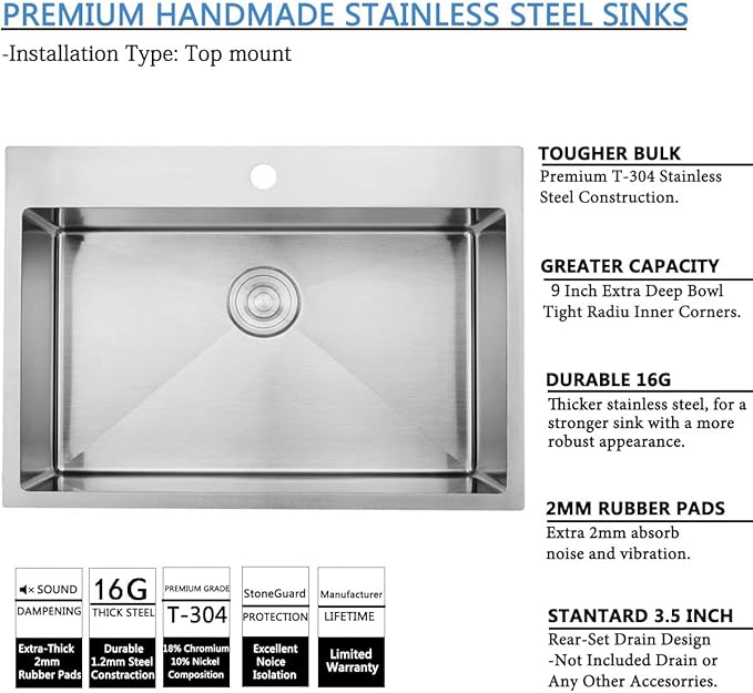 SHACO 28 Inch Drop In Kitchen Sink, Commercial Handmade T304 16 Gauge Stainless Steel Top Mount Sink, 9 Inch Deep Single Bowl Basin Laundry Utility Wet Prep Sink, Fregadero