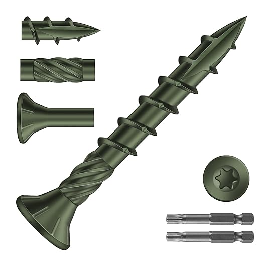 #8 x 1-1/4" Deck Screws (398Pcs) 2lb. Carbon Steel, Green, Flat Head, Rust Resistant epoxy Coated, with T25 Star Bit