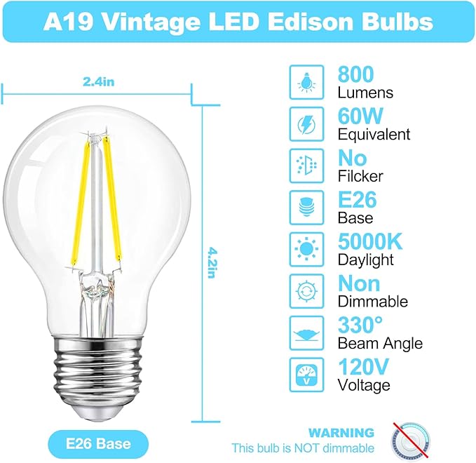 dalattin A19 Vintage LED Edison Bulbs, 60W Equivalent Light Bulbs, 5000K Daylight White, Clear Glass Filament Bulb, Efficient 8W, E26 Base, 800 LM, CRI80+, Non-Dimmable for Home, Farmhouse, 12 Pack