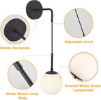 KCO Lighting Frosted White Glass Wall Sconce Set of Two Black Globe Ball Wall Light Adjustable Cord Industrial Vanity Wall Lamp for Bathroom Mirror Bedside Stairs (White)