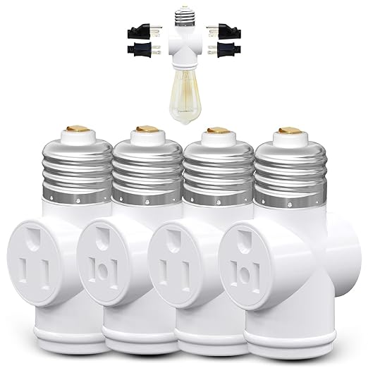 4 Pack, Light Socket to Plug Adapter, Convert E26 Light Socket to 3-Prong Outlet Adapter and Light Bulb Socket (White)
