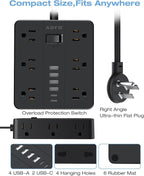 10FT Surge Protector Power Strip,12 AC Outlets with 6 USB Ports (2 USB-C), Flat Plug Extension Cord with Multiple Outlets, Wall Mount for Home Office,Dorm,Black