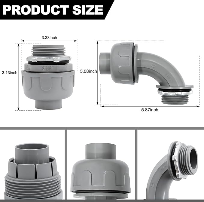 2 inch PVC Flexible Conduit Connector UL Listed Conduit Connector Fittings 12 Pack (8 Pcs 180D/4 Pcs 90D)