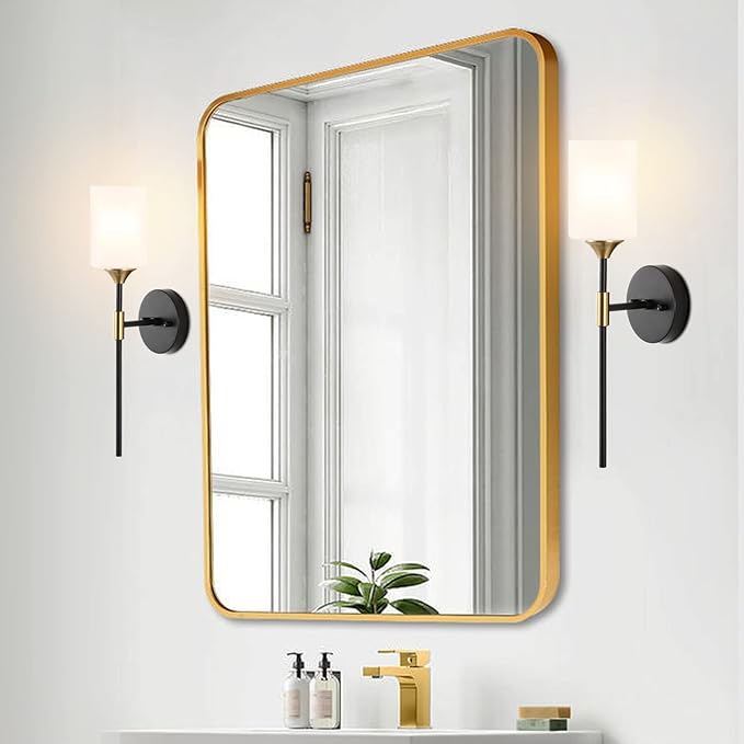 Industrial Mid Century Wall Sconce Set of 2 with White Cylinder Glass Shades Modern Bathroom Vanity Wall Lamp Black and Gold Finished Wall Light Fixture