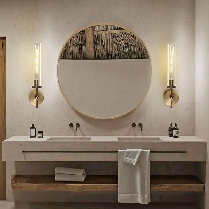 Brass Wall Sconces Set of Two, 19" Knurled Gold Sconces Wall Lighting, Tube Glass Bathroom Sconces Wall Lights for Bedroom Living Room Vanity Sconce Wall Lamp for Hallway, Staircase