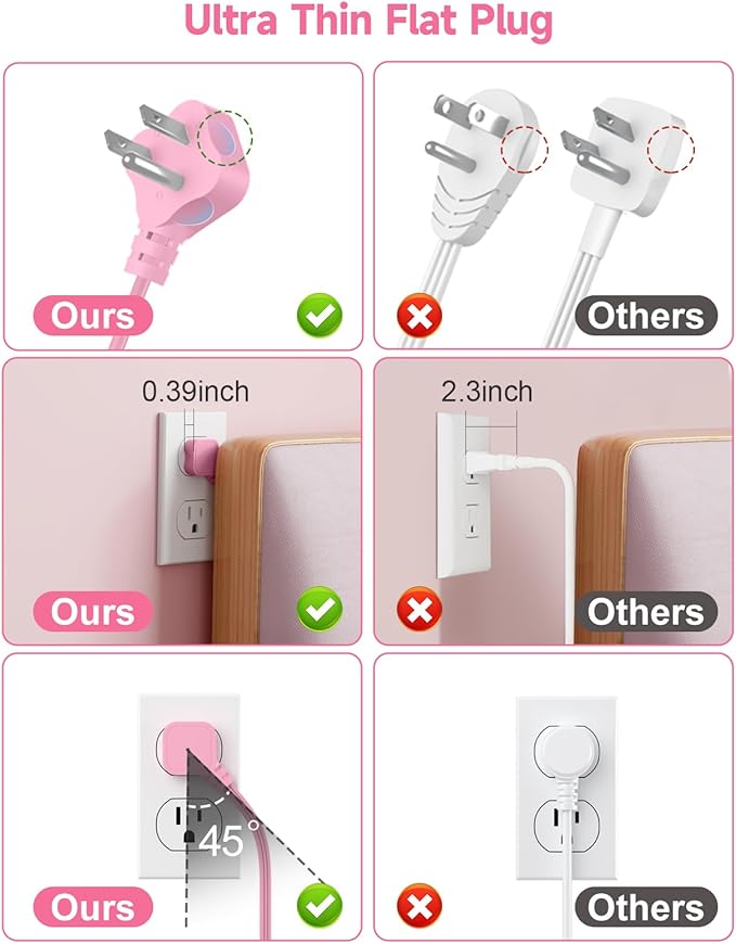 6 USB(3 USB C) Pink Power Strip- 5Ft Pink Extension Cord with 6 USB Charging Station 24W/4.8A and 3 Outlets, Pink Desk Accessories for Cruise Travel Pink Cute Kawaii College Dorm Desk Home Essentials