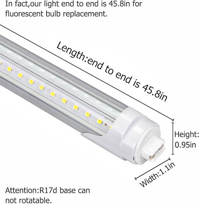 4ft T8 LED Tube Lights,36W 3600lm,White 6500K,R17d Base,45.8 inches End to End,60W F48T12 Fluorescent Bulb Replacement,Ballast Bypass,Dual-Ended Connection,Sign,Shop Lighting,Pack of 10