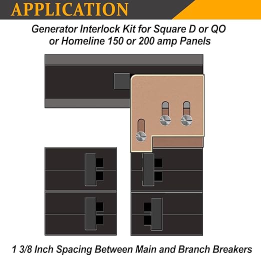 Generator Interlock Kit for Square D QO or Homeline150 or 200 amp Panels, 1 3/8 Inch Spacing Between Main and Branch Breaker