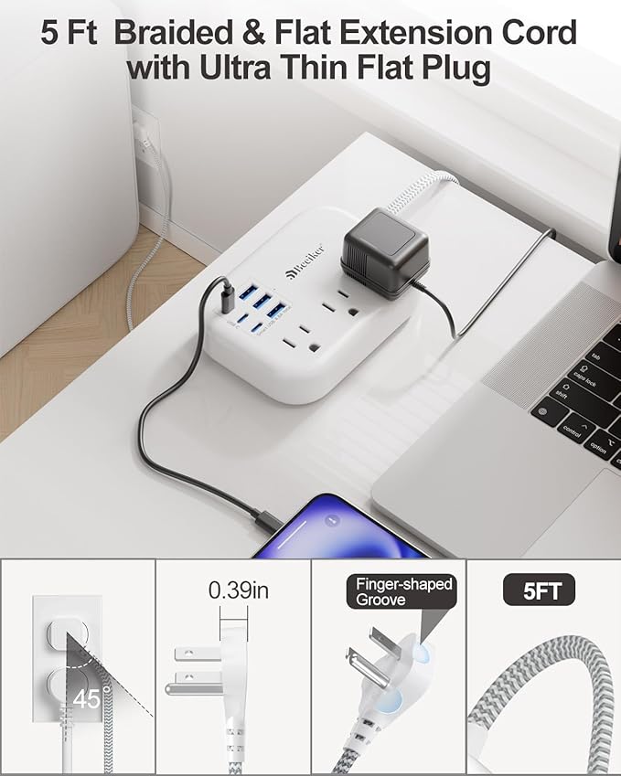 6 USB(3 USB C) Power Strip- Travel Power Strip with 6 USB Desktop Charging Station 24W/4.8A and 3 Outlets, 5Ft Flat Plug Braided Extension Cord, Non Surge Protector for Cruise Ship Travel Office Dorm