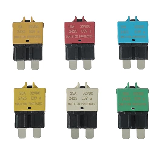 Manual Reset Circuit Breaker Fuse E39 Low Profile ATC/ATO 32V DC 5A 10A 15A 20A 25A 30A Type 3 car Mini Fuses Circuit Breakers（6 pcs Mixed）