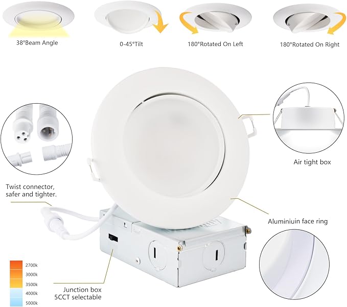 4 Inch Recessed Lighting 6 Pack,Ajustable Led Eyeball Gimbal Light,Led Recessed Lighting 4 Inch Ceiling Light with Junction Box,5CCT Selectable,Airtight,9W 750LM,Dimmable,ETL Listed