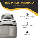 Conduit Connectors, 3/4 Inch Liquid Tight Connector NPT Non-Metallic for PVC Electrical Flexible Conduit Fittings, 180 Degree Straight, UL Listed for Home Outdoor Tubes Tools, Grey (60-Pack)
