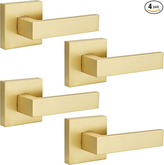 EHOMEWARE 4 Pack Satin Brass Dummy Levers, Heavy Duty Non-Turning Interior Door Handles, Left or Right Handed Dummy Handles for Closet Cloakroom Pantry